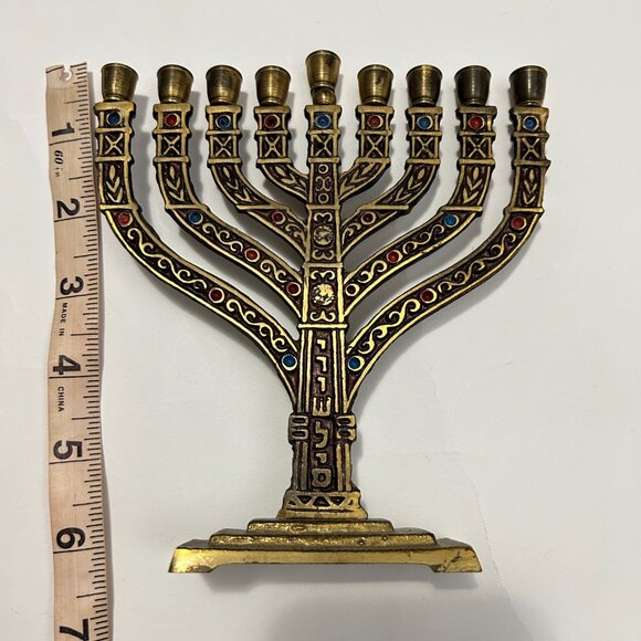 Vintage 1960s Israeli Brass Enamel Menorah-9 Branch Jerusalem Judaica-Ha 6.5"H - Picture 13 of 15
